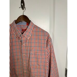 IZOD Mens XL Long Sleeve Button Down Shirt Red White Blue Plaid 100% Cotton